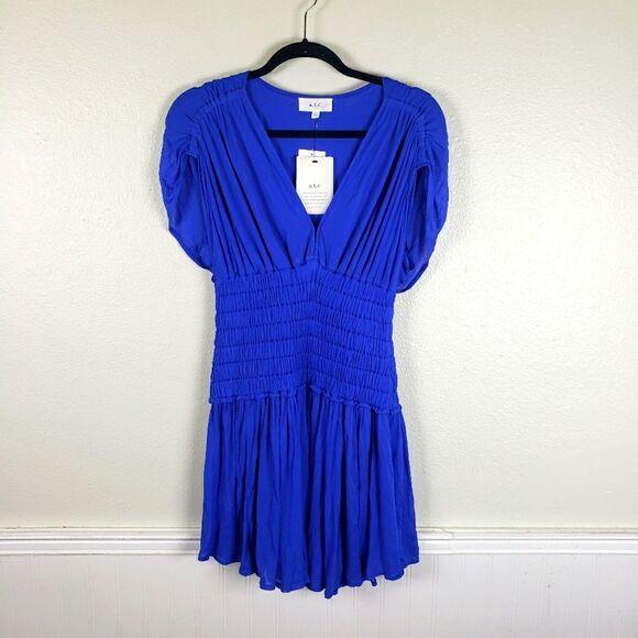 A.L.C. NWT Luna Colbat Blue Smocked Pleated V-Neck Draped Mini Dress Size XS - Picture 2 of 13